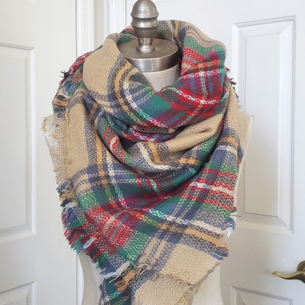 Oversized Plaid Blanket Scarf Tan Red Blue Green Fringe Warm Holiday Cozy - Picture 3 of 8